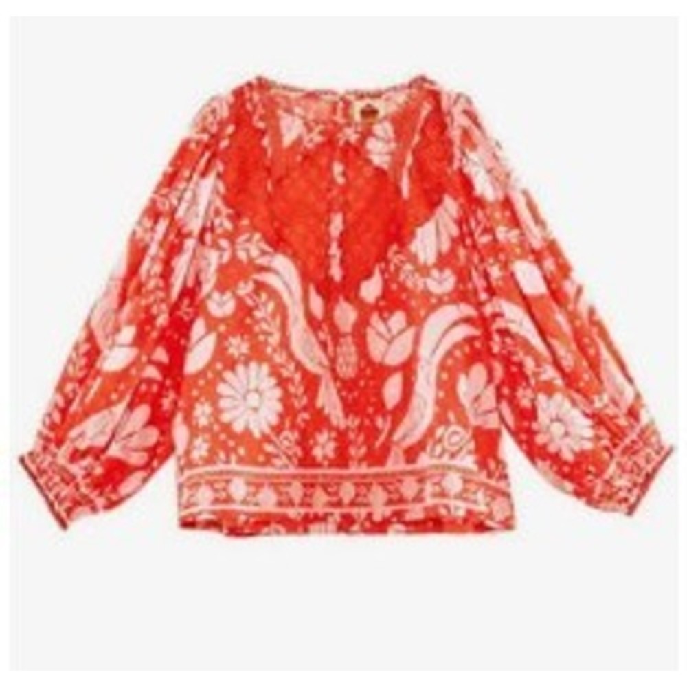 Farm Rio Neon Jungle Blouse Tropical Floral XS Orange Cotton Lace Balloon Sleeve